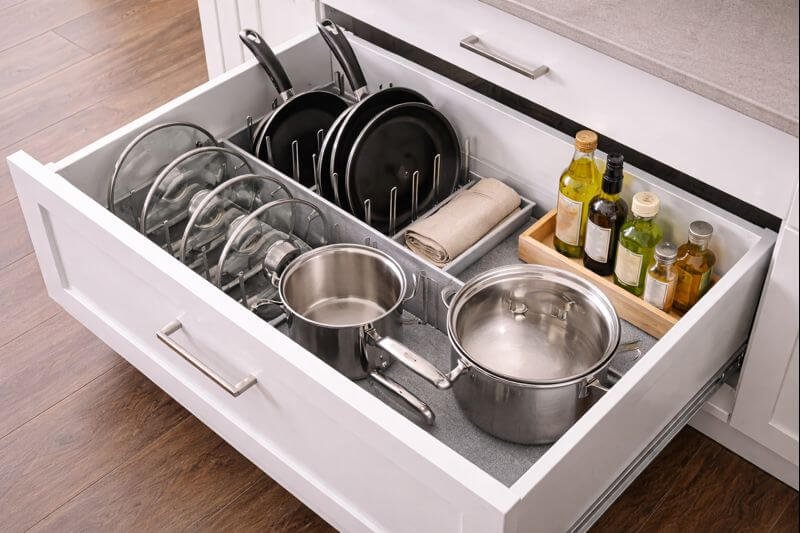 cajón profundo de cocina organizado con separadores