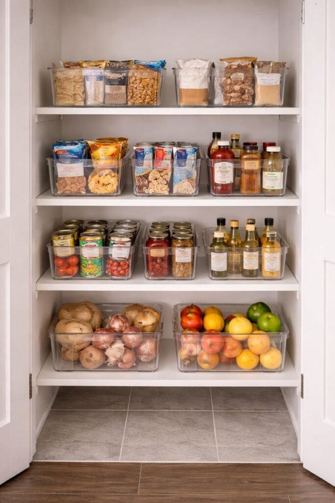 cestas transparentes apilables en despensa pequeña