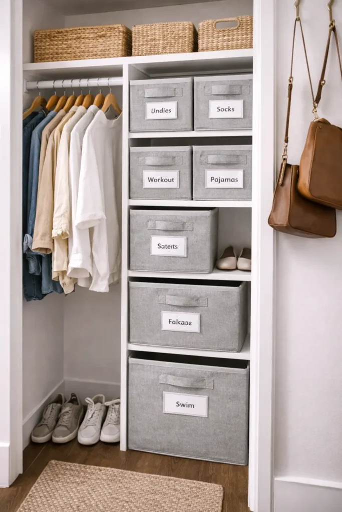 Cajones de tela para organizar un clóset pequeño