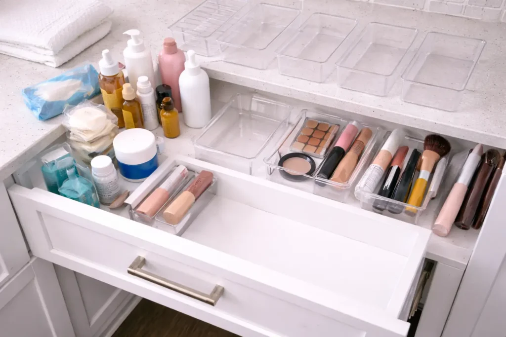 Clasificar productos antes de organizar las gavetas del baño