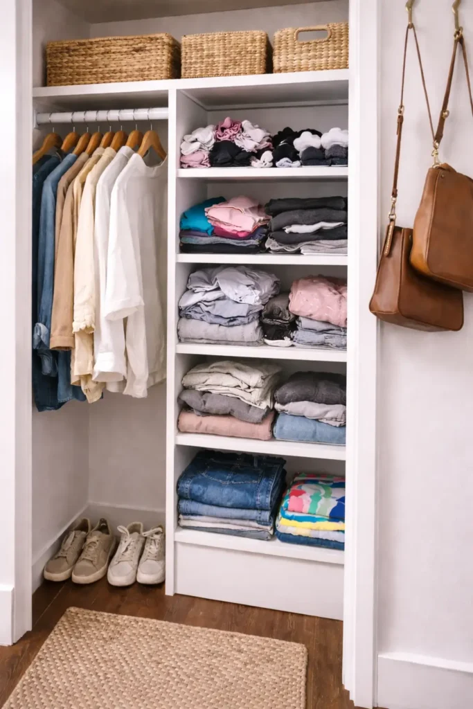 Antes y después de organizar un clóset con cajones apilables