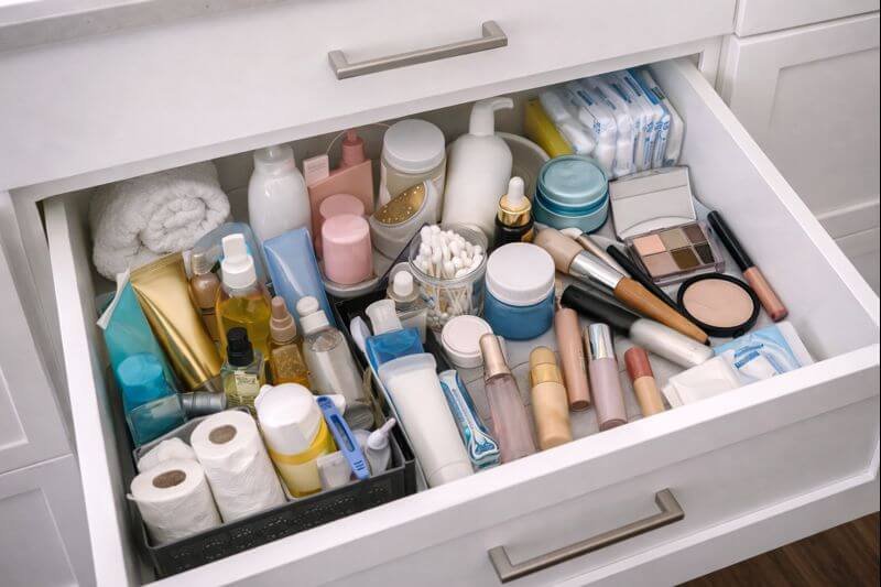 Gavetas del baño desordenadas antes de organizar