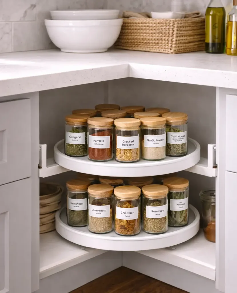 plato giratorio lazy susan en esquina de mueble de cocina