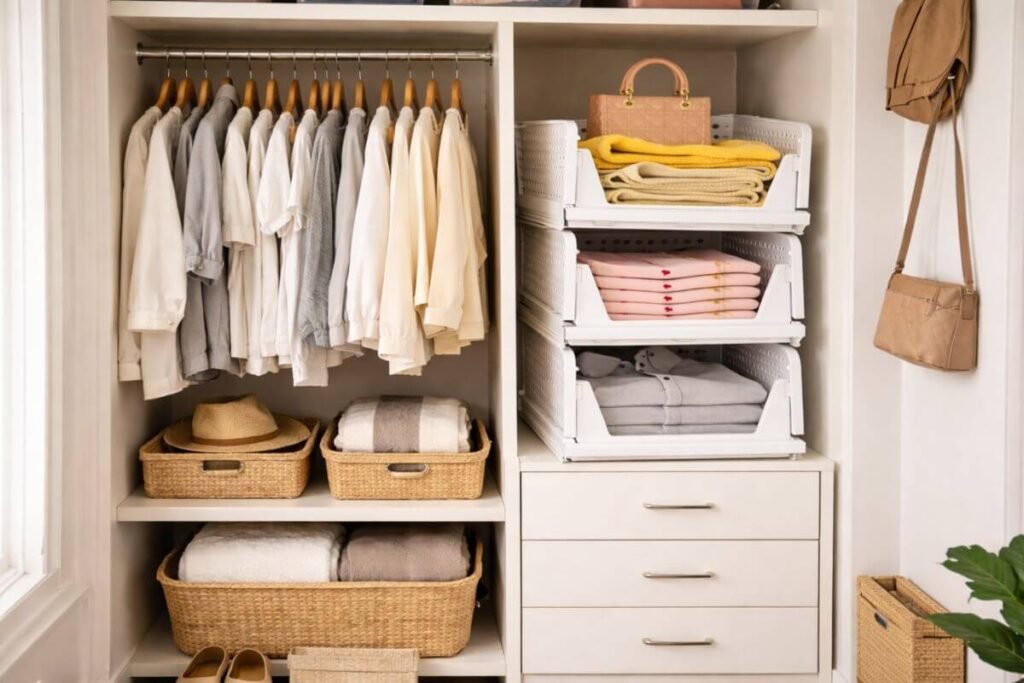 Organización de clóset con cajones apilables