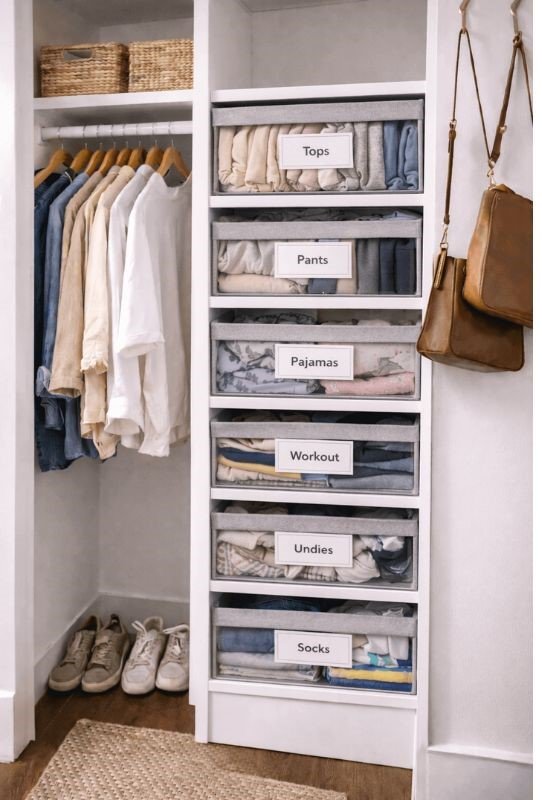 Organización de clóset pequeño por categorías con cajones de tela